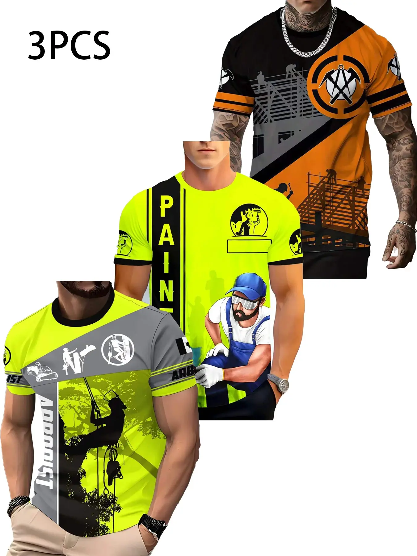 3-Pack Men's Workwear Short Sleeve T-Shirts, Painter, Tree Trimmer, Roofer Patterns, Casual Slim-Fit Long T-Shirt for All Seasons