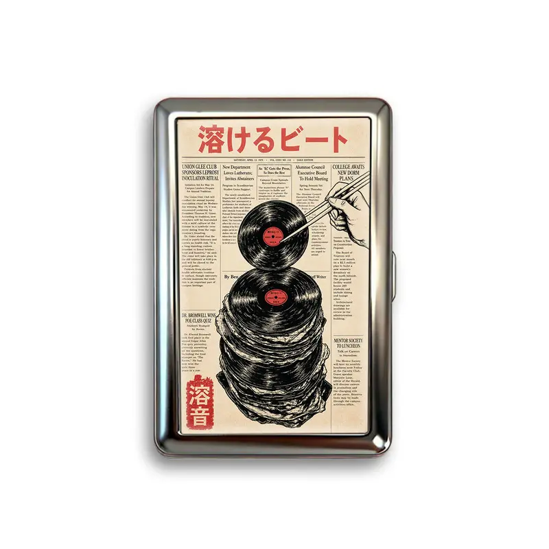 Retro Vinyl Record Metal Card Case, Vintage Japanese Newspaper Pocket Organizer, Portable Stainless Steel Box