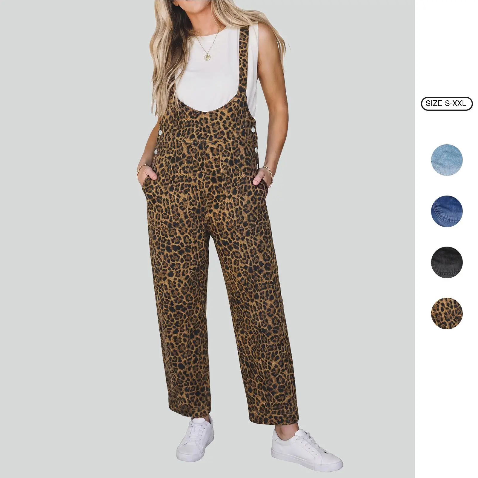 Imily Bela Women's Leopard Print Overalls Casual Loose Bib Overalls Sleeveless Straight Leg Jumpsuit Baggy Dungarees with Pockets