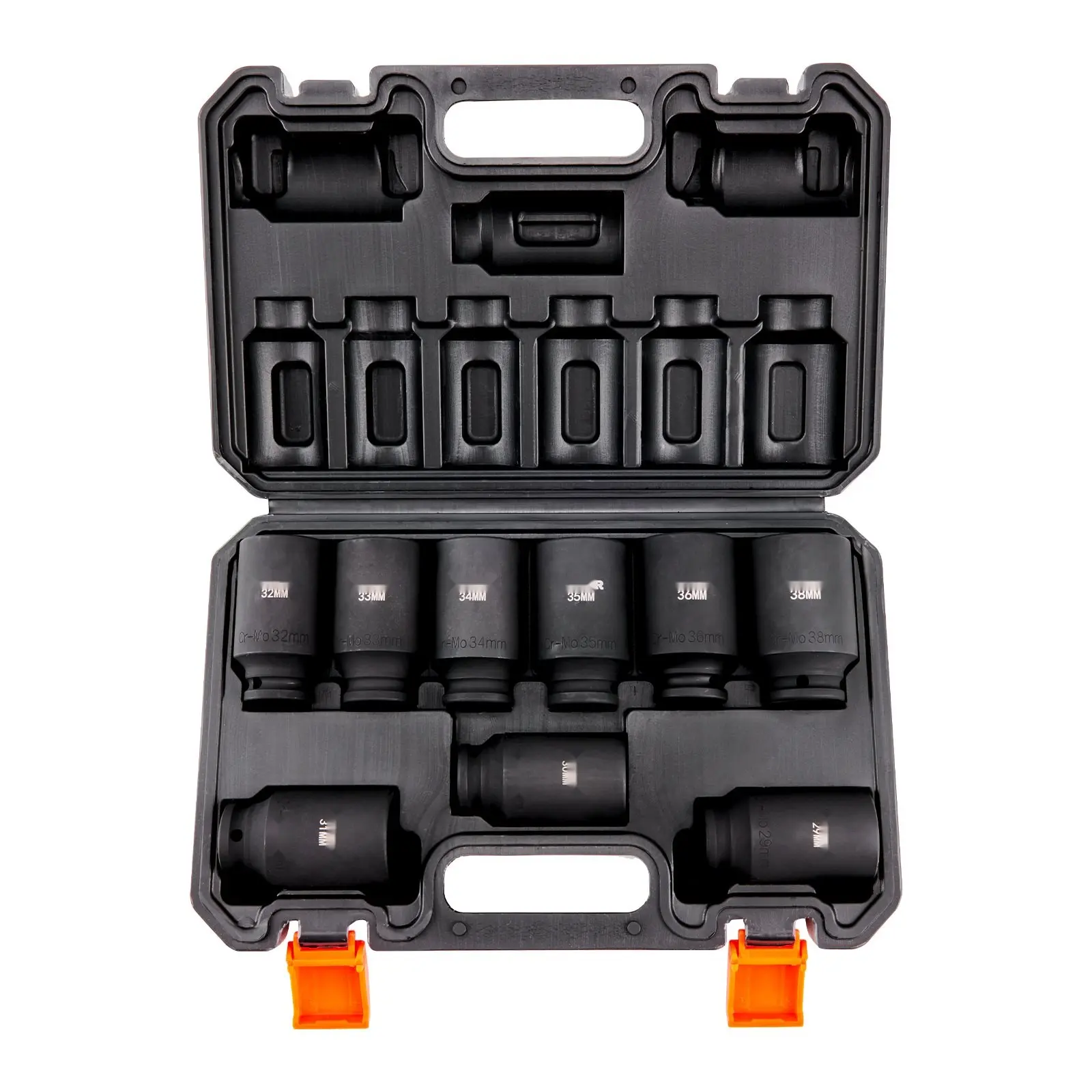 1/2 Inch Drive Impact Socket Set, 9-Piece Deep Socket Set, Metric 29-38mm, 6-Point Cr-Mo Alloy Steel For Auto Repair, Easy-To-Read Size Markings, Rugged Construction, Includes Durable Storage Case And Organizer Tray