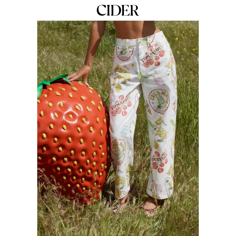 Cider Cotton Mid Rise Fruit Graphic Barrel-leg Trousers