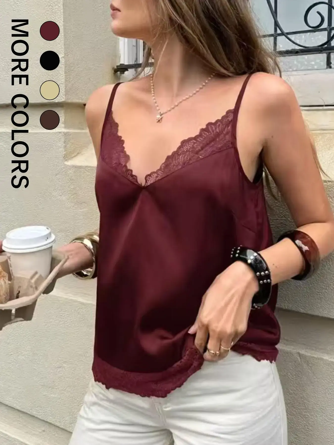 Women's Colorblock Lace Fashion Solid Sleeveless Tank Top, Spaghetti Strap Summer Spring V-Neck, Beach Wedding Birthday, Elegant Sleeveless Cami, Casual Chic Feminine Vacation Style, Camisole Tops
