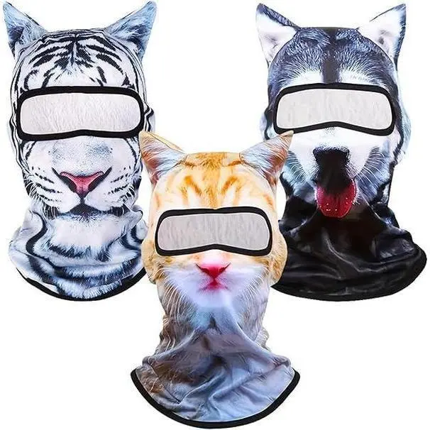 3-Pack Funny Whimsical Polyester 3D Cat Animal Print Motorcycle Protective Balaclava Headwear - Lightweight Comfortable Ski Mask with Ears for Motorcycle, Ski