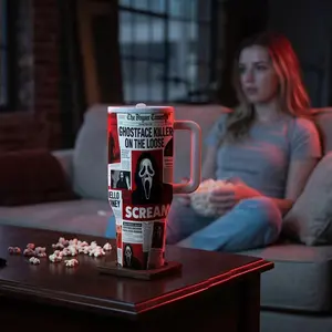 Ghostface Inspired 40oz Tumbler with Handle, Stainless Steel Insulated Cup, Leakproof Travel Mug with Lid and Straw, Ideal for Daily Use