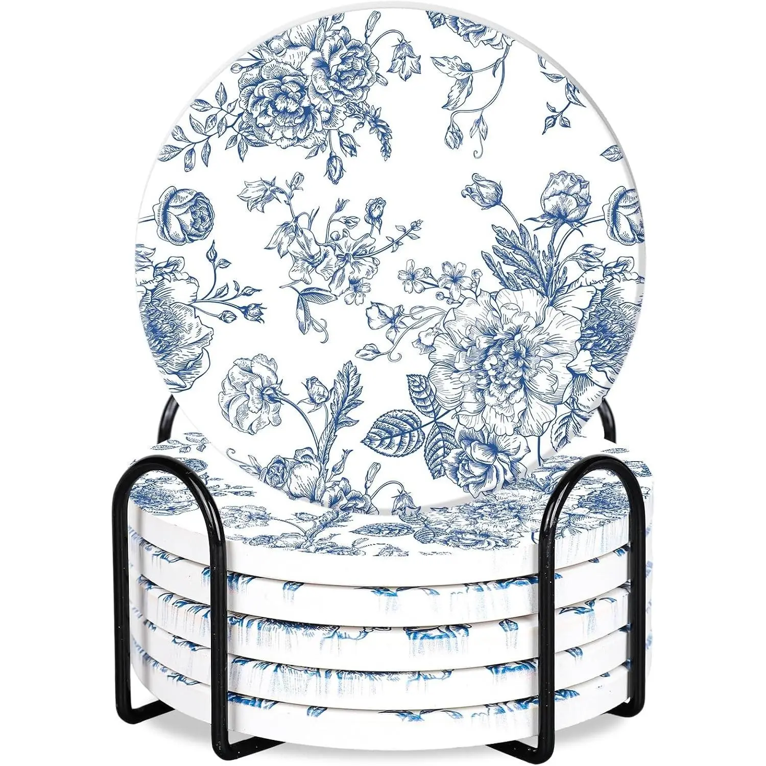 Women's Oxfords 6-Pcs White Blue Floral Ceramic Coffee Coasters Set, Absorbent Vintage Flower Toile Tableware for Home Kitchen Table Decor