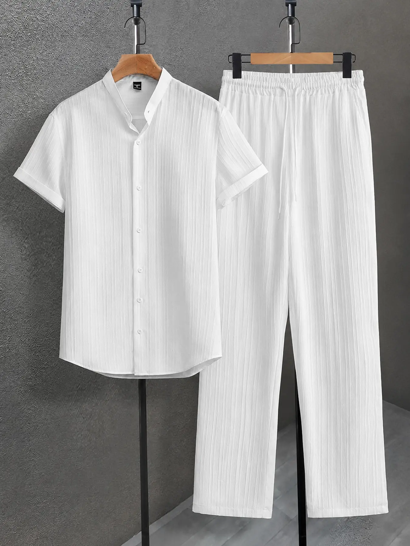 Men's Summer Solid Texture Wrinkle Comfortable Home Two-Piece Set, Casual Short Sleeve Top Long Pants Trouser, Breathable and Non-Sticky