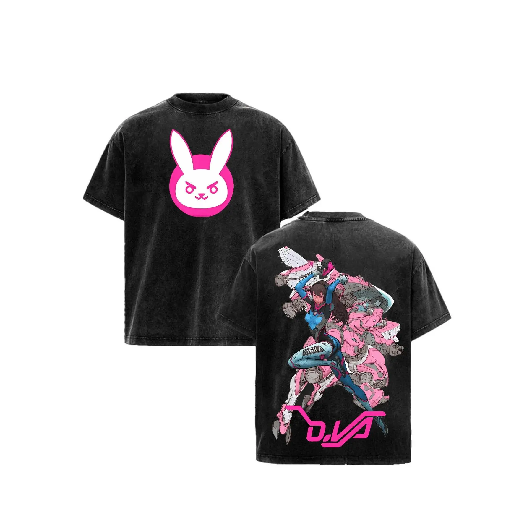 Curved Hem Vintage Washed Pure Cotton Overwatch DVa Graphic Tee Mens Oversized Crew Neck Short Sleeve Tshirt Soft Comfortable Durable Gamer Casual Streetwear Daily Outfit Gym Concert Weekend Fashion Top