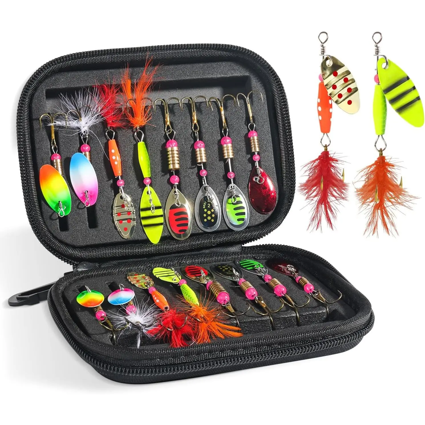 16-Piece Spinner Bait Kit with Lifelike Rooster Tails, Metal Fishing Lures in 5 Sizes for Bass & Trout, Freshwater & Saltwater, Christmas Gift, Father’s Day, Birthdays, 2.2" To 2.6", Draw Strikes In Slow Water