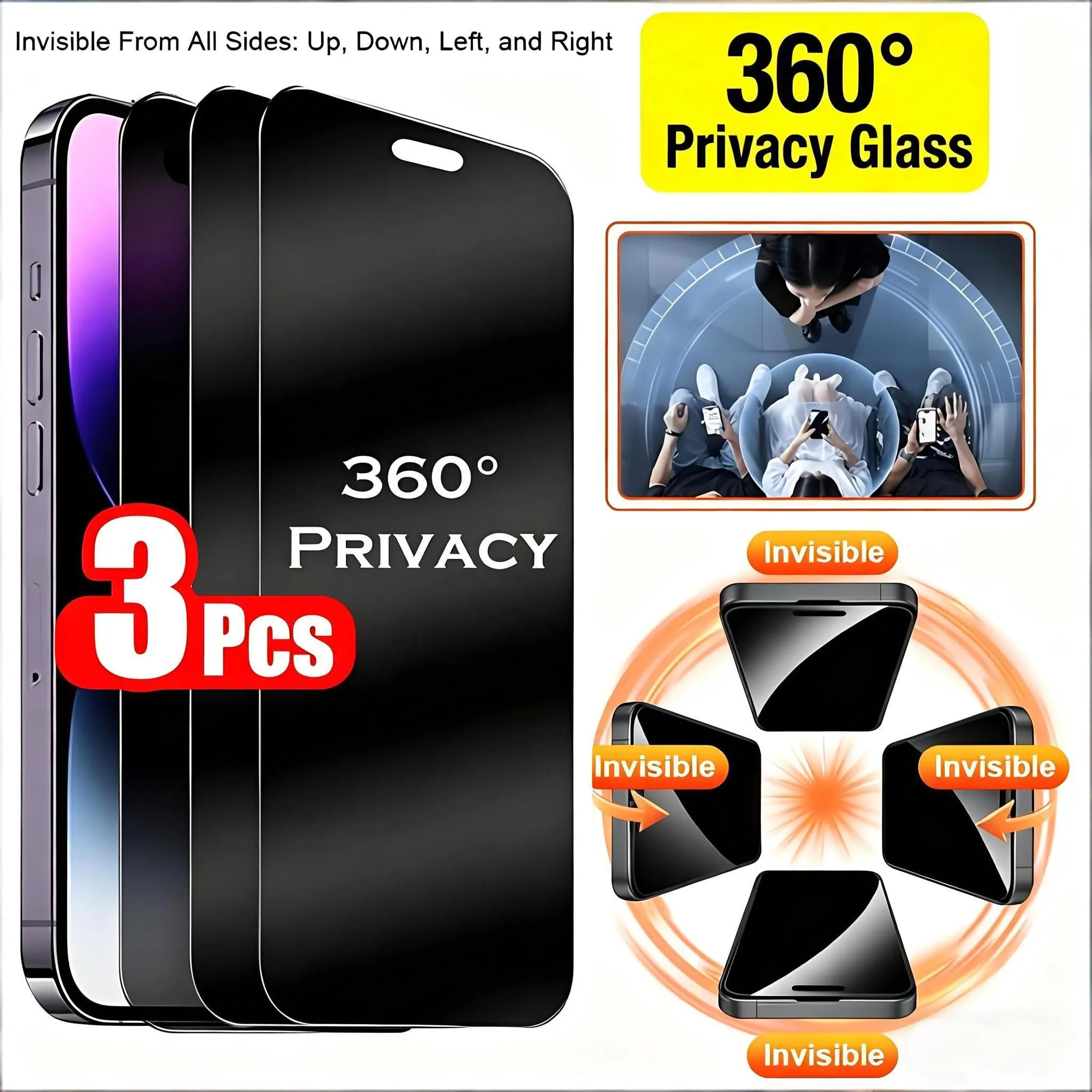 3-Pack 360-Degree Privacy Screen Protector for iPhone 17/16/15/14/13/12/11/XS Max/XR, Anti-Spy Tempered Glass, Scratch-Resistant, Compatible with Face ID