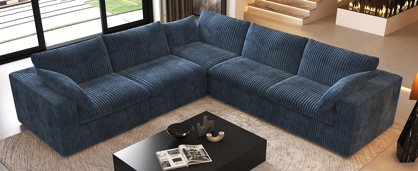 ARCH 78.74" L Shaped Modern Sofa Modular Sectional Cloud Couch with Ottoman,Upholstered Couches with Plush Corduroy Fabric for Living Room Furniture,Bedroom and Apartment,No Assembly Required,Blue
