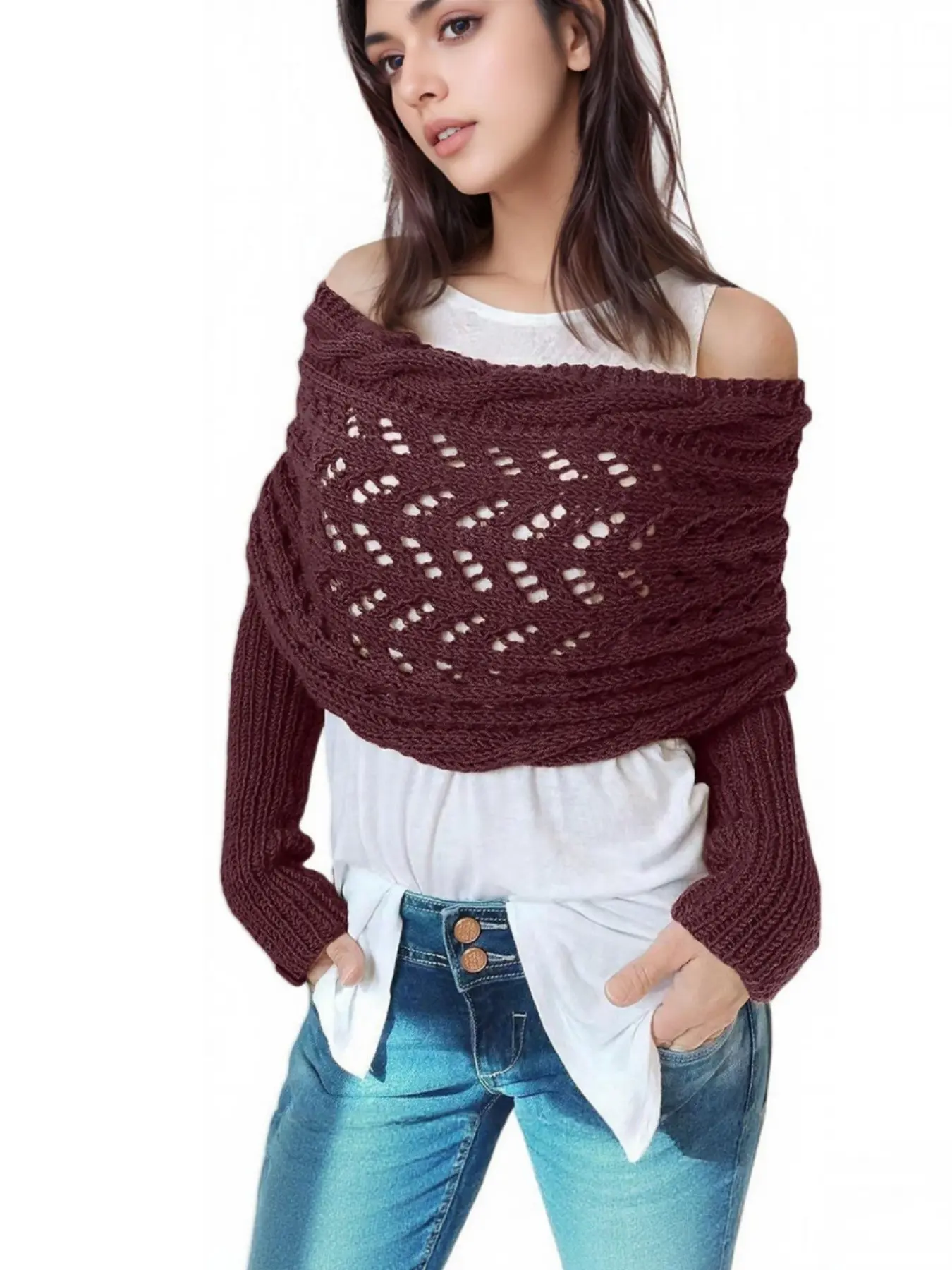 Women's Fashion New Shawl, Winter Knitted Sleeveless Top Scarf, Thick Warm Multi-Functional Shawl, Boho Style Shawl, Scarf Wrap, Polyester Scarf, Poncho Stylish and Cozy Accessories