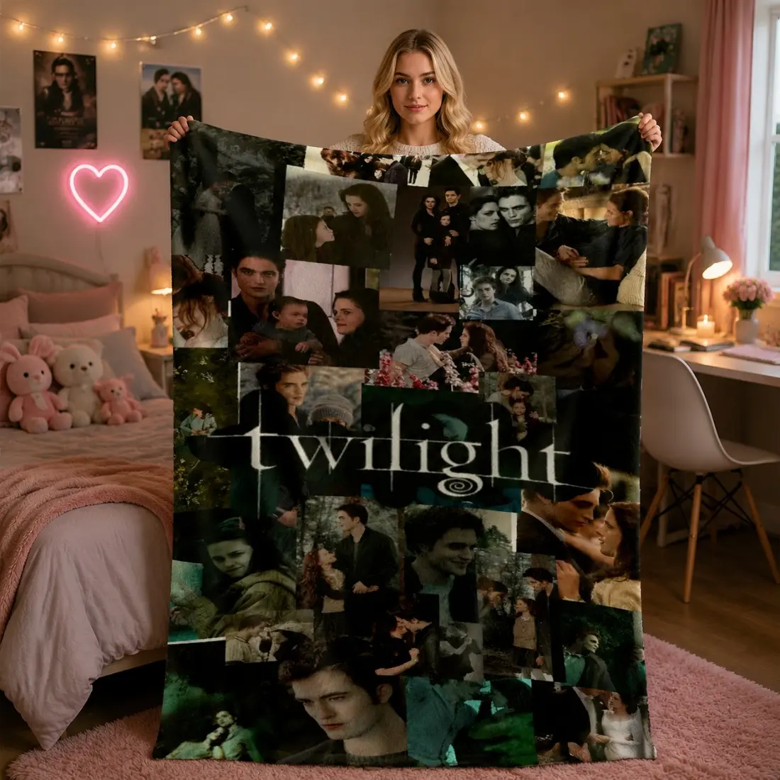 Twilight Saga Movie Scene Collage Flannel Throw Blanket, Edward Bella Couple Photo Print Soft Lightweight All Season Blanket for Sofa Bedroom Travel, Perfect Valentine Birthday Holiday Gift for Twilight Vampire Movie Fans