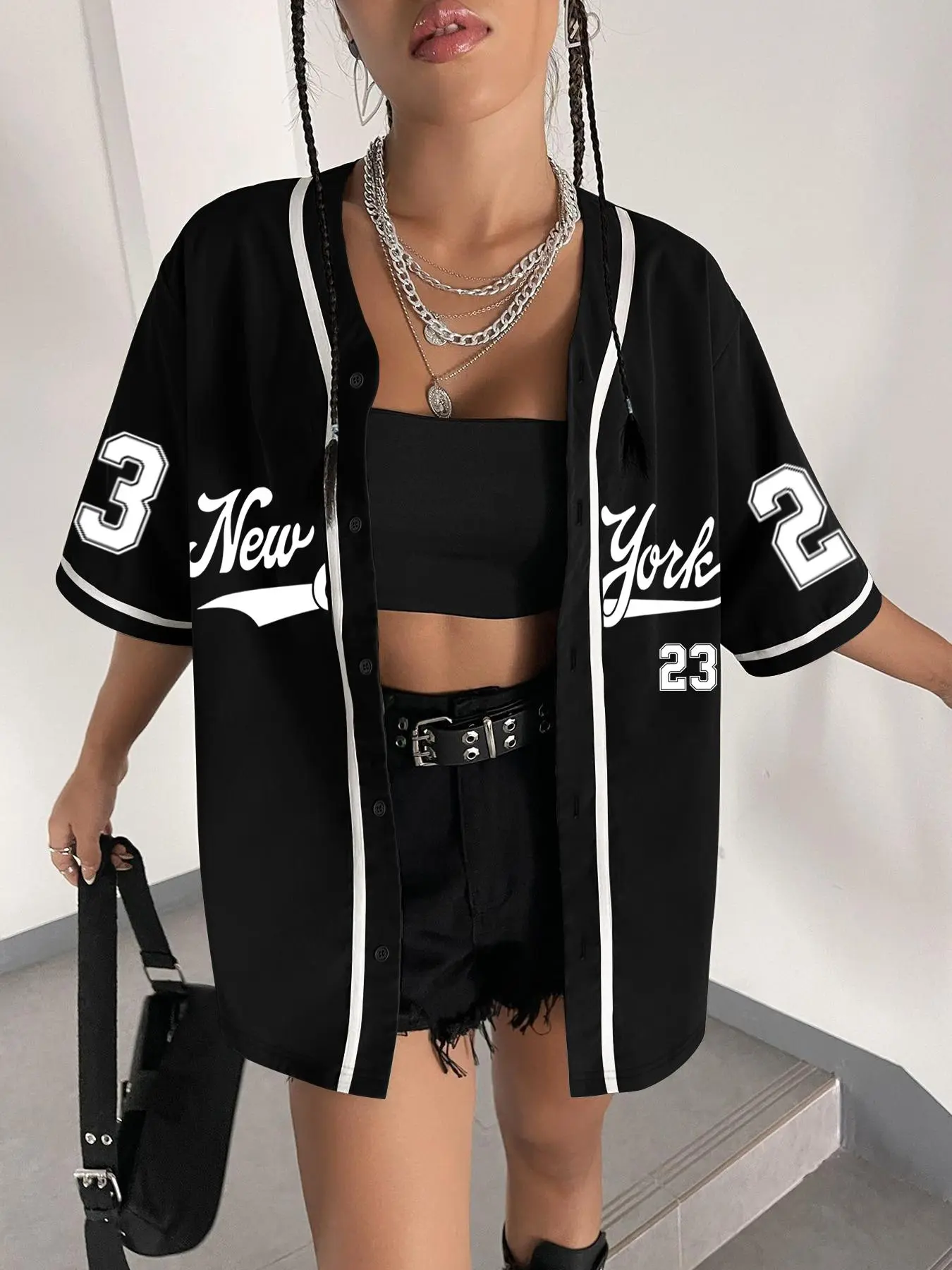 Women's Number Print Baseball Jersey, Casual Fashion Loose Letter Print Short Sleeve Button Design Blouse for Daily Wear, Ladies Clothes for All Seasons, Button Down Jersey