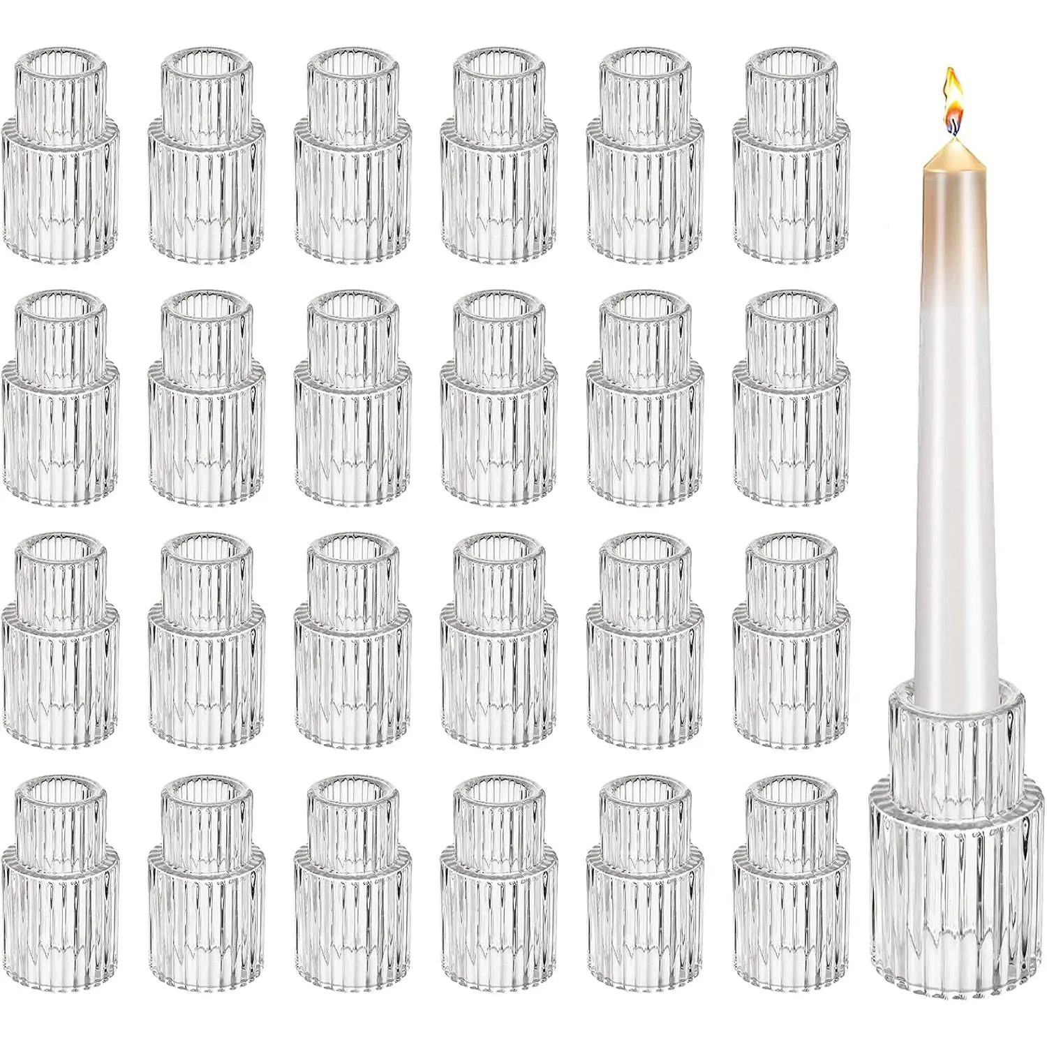 24 Packs Glass Taper Candle Holders, Clear Ribbed Candlestick Holders Bulk, Small Thick Glass Candle Stick Holders for Wedding Table Centerpieces, Party Favors, Christmas Dining Decor (24)