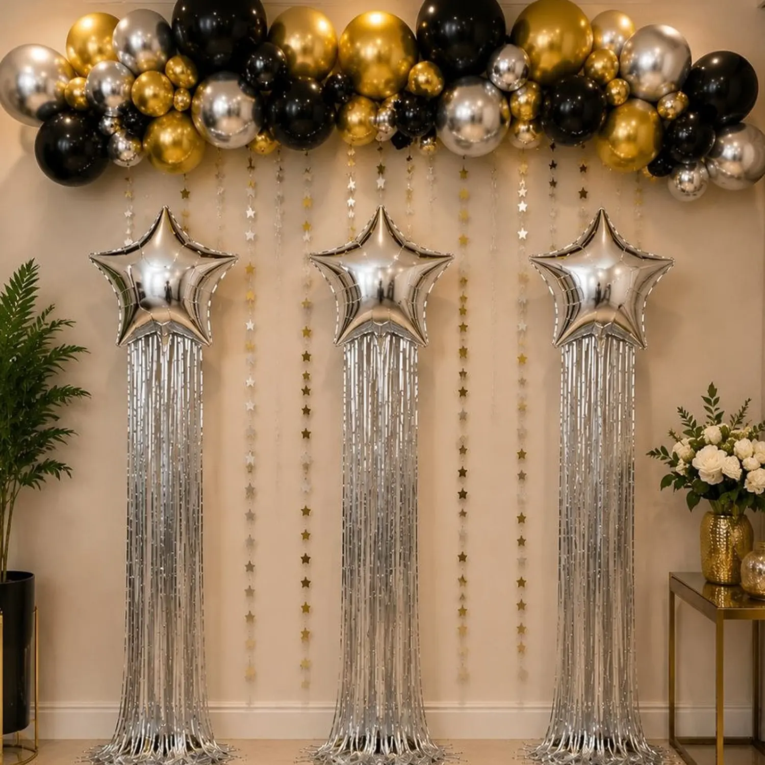56 Gold Balloon Garland Arch, Silver Color Star Balloons with Fringe Tassels, Perfect for Birthday Christmas Party Background Decorations Balloon Garland Kit