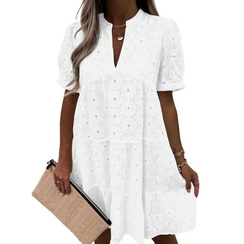 Fessceruna Womens Summer Lace Dresses Eyelet Casual Flowy Babydoll Swing Short Sleeve V Neck Tunic Dress