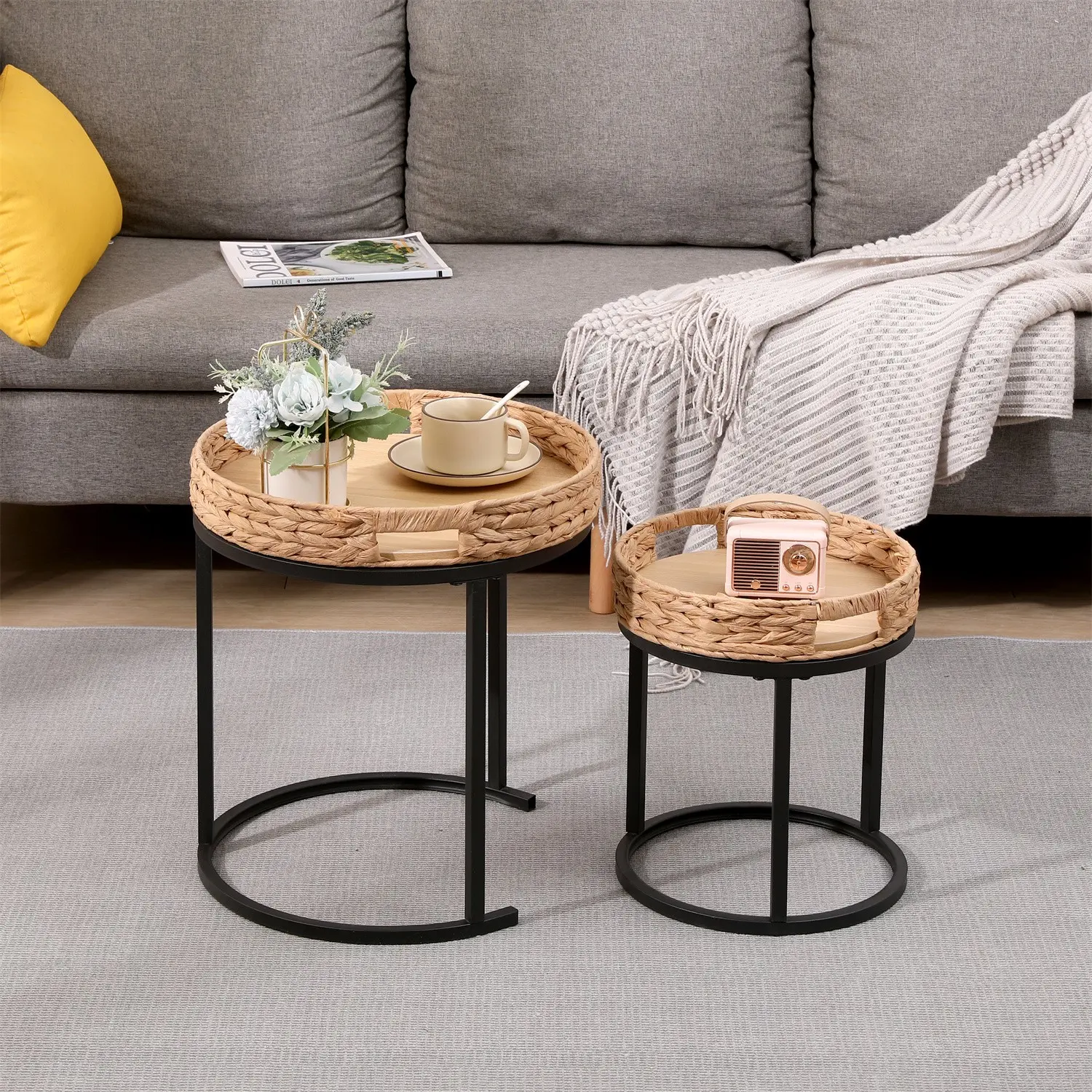 Rattan Nesting Coffee Table Set of 2 – Round Side Table with Raised Edge, Space-Saving Accent Table for Living Room Bedroom Patio Small Spaces