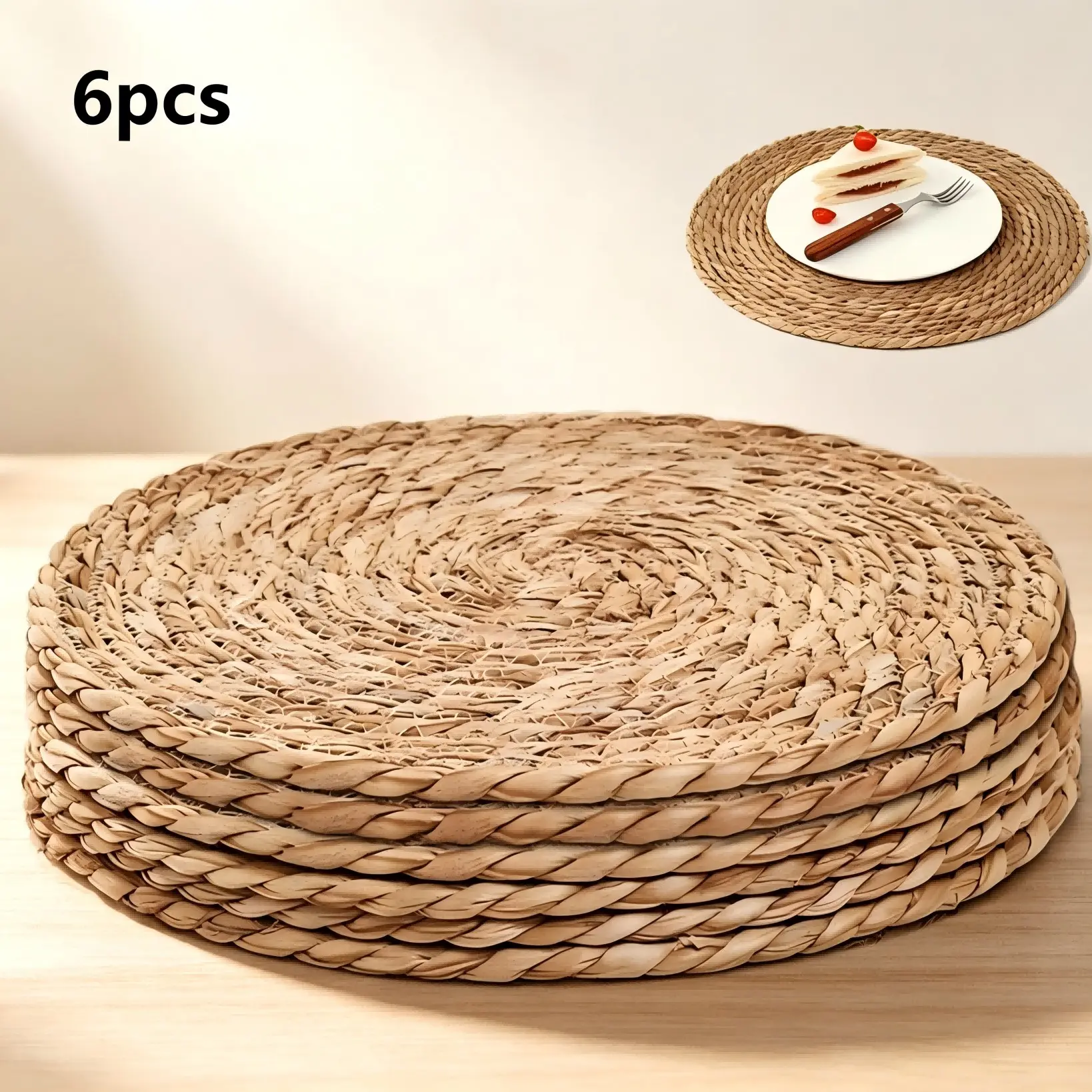 6 Pack Natural Rattan Round Boho Placemats Set, Heat Resistant Non-Slip Woven Table Mats for Holiday Wedding Dining Decor