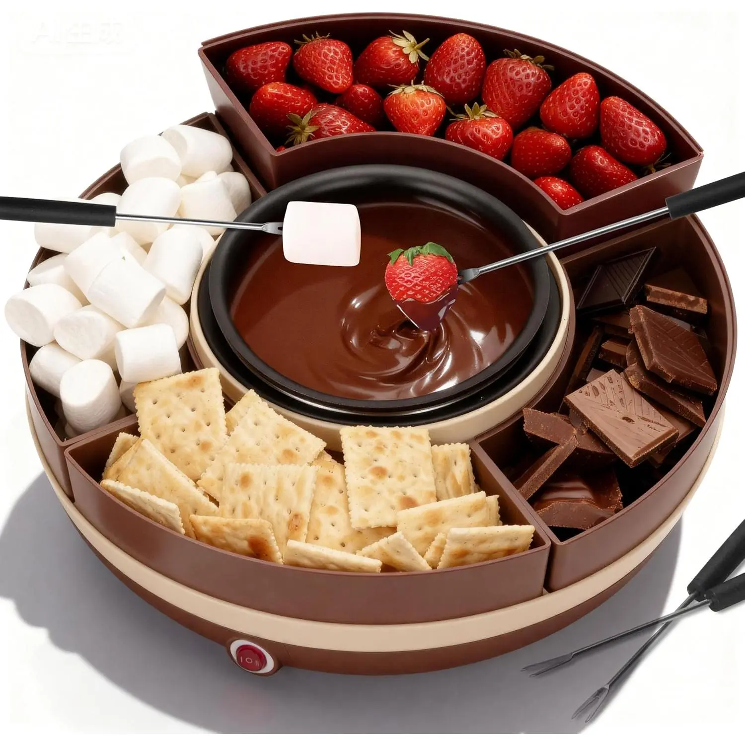 Cheese & Chocolate Fondue Machine, Candy Melting Pot for Party, Electric Fondue Pot Set, Chocolate Warmer Hot Chocolate Maker with 4-Section Food Tray, Brown