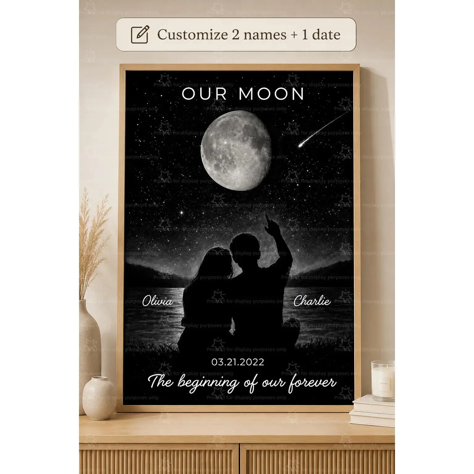 Custom Moon Couple Canvas Poster Personalized 2 Names Date Print, Romantic Night Sky Wall Art, Anniversary Wedding Gift, Bedroom Living Room Decor, Aesthetic Poster Print, Custom Canvas Wall Decor