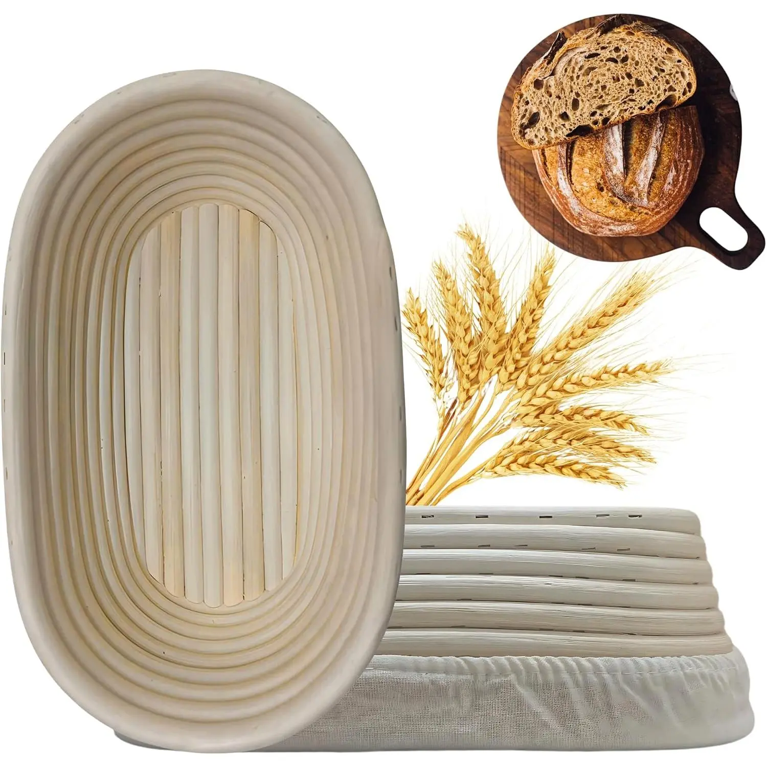 [Upgraded] Banneton Bread Proofing Basket 2 pack 10" Oval With Liner,  Rattan Bread Basket  for Professional &  Sourdough Bread Baking, Artisan Sourdough Bread. (Set 2 pack 10" Oval)