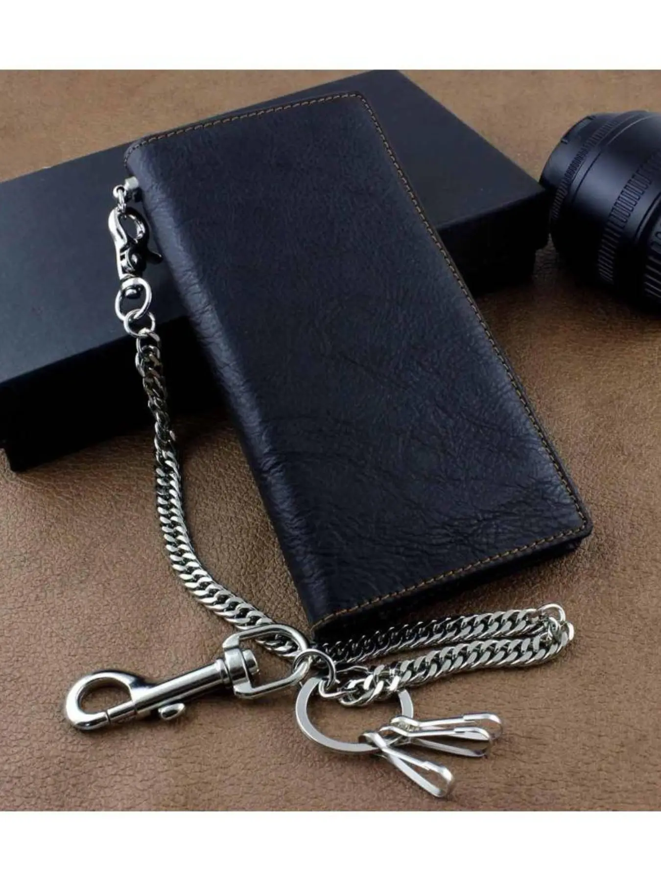 [Vintage Biker Leather Wallet] Vintage Leather Men's Fashion Wallet - Black Biker Card Wallet W/ Chain Genuine Leather Wallets