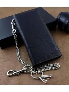 [Vintage Biker Leather Wallet] Vintage Leather Men's Fashion Wallet - Black Biker Card Wallet W/ Chain