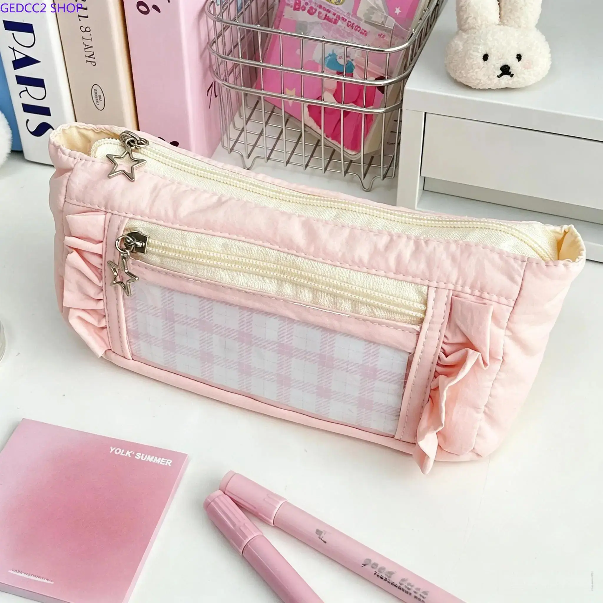 Back To School Kawaii Pastel Plaid Ruffle Pencil Case with Cute Star Charm, Aesthetic Double Zipper Stationery Pouch with Clear Window, Large Capacity Pen Organizer for School Supplies Desk Storage Daily Travel Essentials