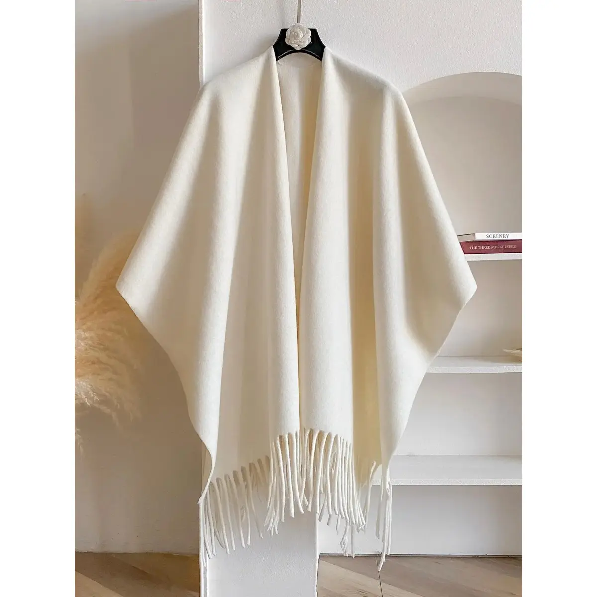 Women's Solid Color Fringe Design Tencel Chiffon Shawl - Boho Warm Cape Scarf, All-Season Fashion Accessory, Boho Shawl Wrap, Plain, Casual Wear