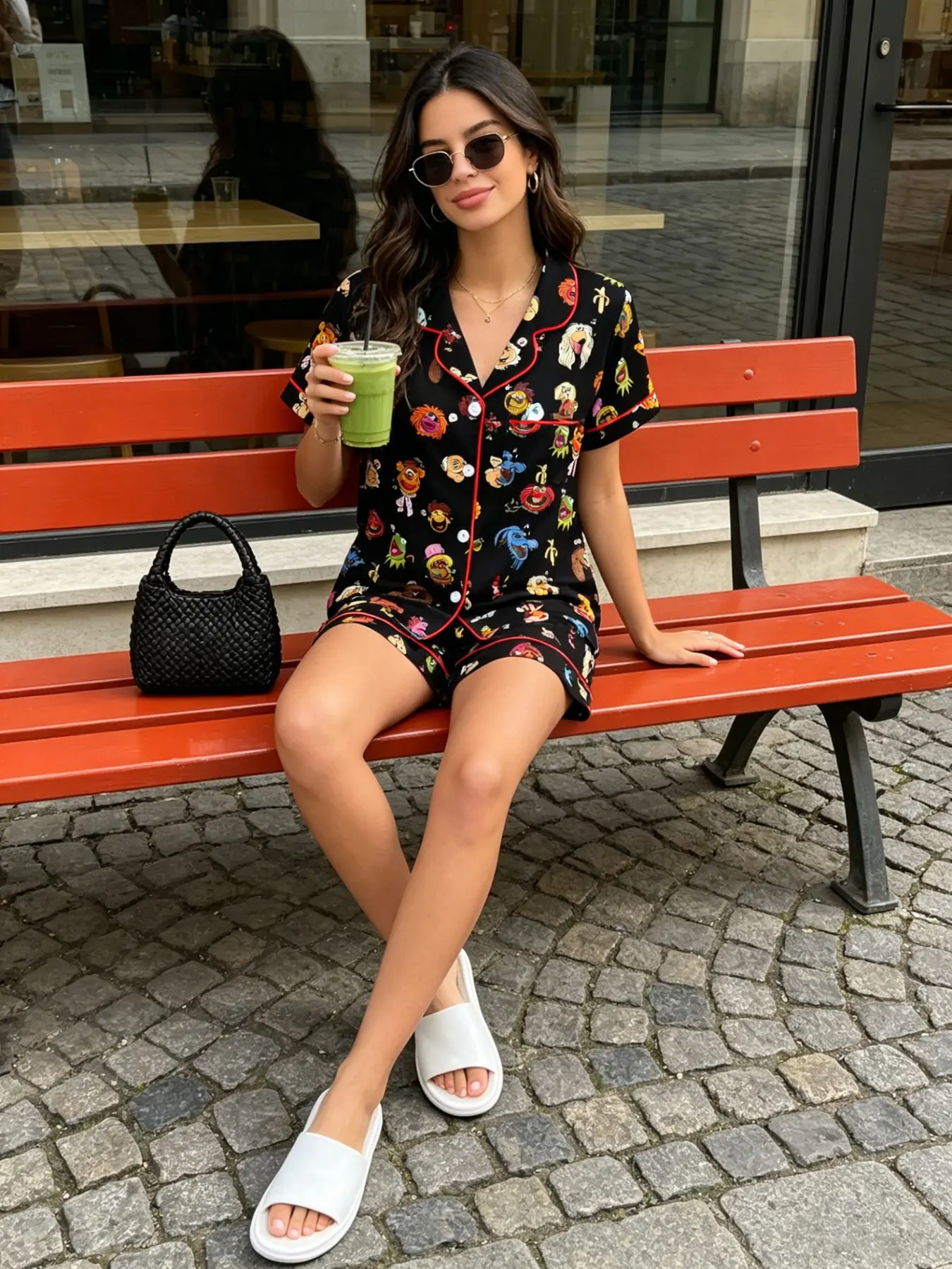 Teen Cartoon Print Pajama Set, Two-Piece Open Front Sleepwear, Retro Colorful Doll Pattern, Soft Comfortable, Summer Home Wear