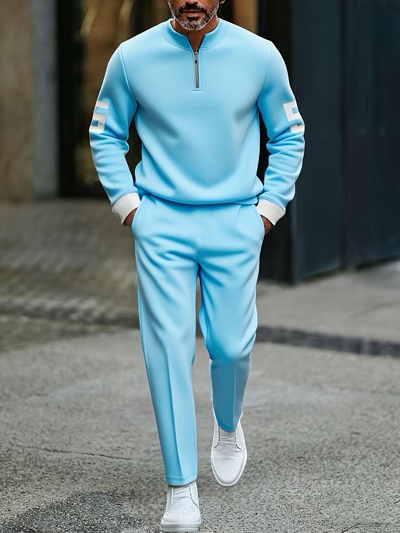 New European and American Men's Sportswear Set Half-Zipper Top with Number 5 Sleeve Patch Comfortable Fabric for Daily Street Wear and Casual Commuting