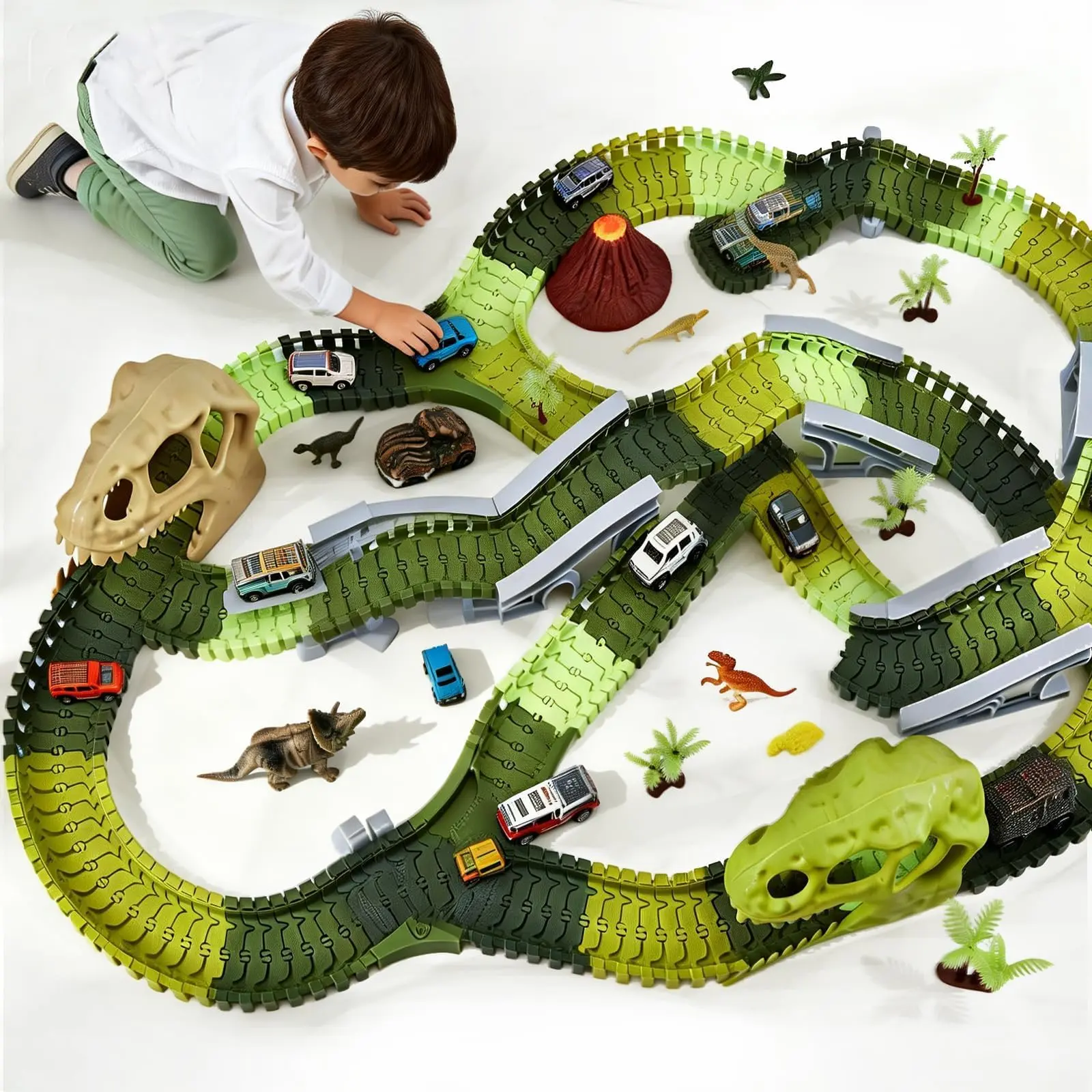 Dinosaur Race Track Set for Ages 3-8 – Flexible Track Playset – Build Your Own Adventure Park – Educational Birthday Gift for Boys and Girls