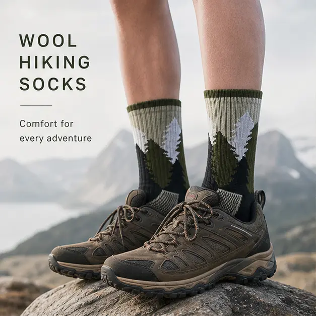 3 Pairs Wool Blend Hiking Socks | Mountain Pattern Crew Socks Multipack | Cushioned Breathable Walking Trekking Socks | Thermal Outdoor Sports Socks for Men Women | Reinforced Heel Toe Camping Socks