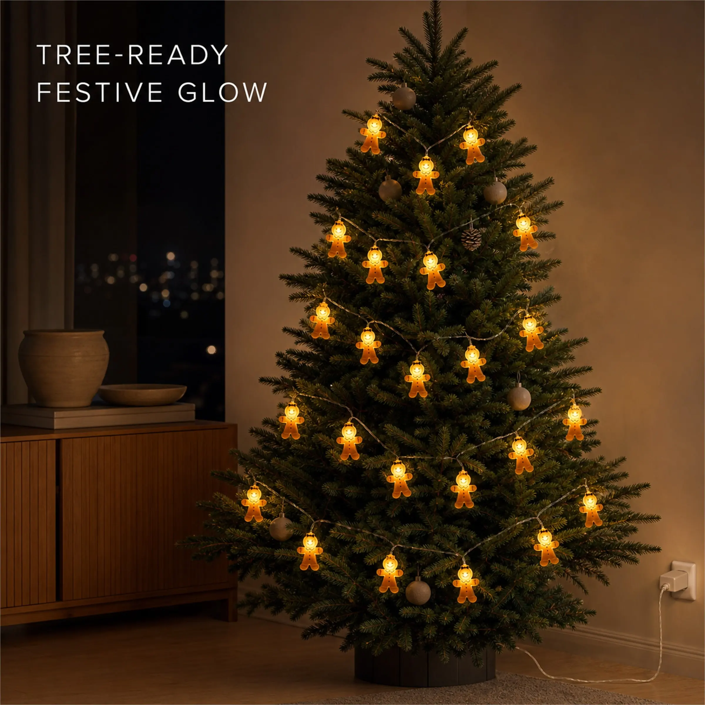 Gingerbread Man Warm Light String Lights, USB Powered Christmas Decor, Living Room, Window, Fireplace, Tree, Winter Party Setup