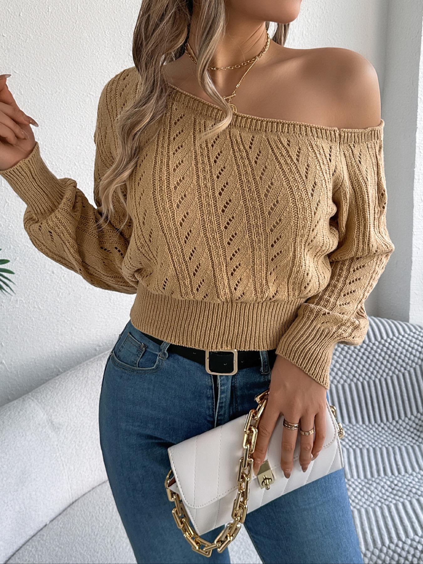 Women's Plain Textured Hollow-Out Asymmetrical Neck Fitted Sweater, Elegant Raglan Sleeve Jumper for Fall & Winter, Fashion Ladies' Knitwear for Daily Wear, Long Sleeves, Womenswear