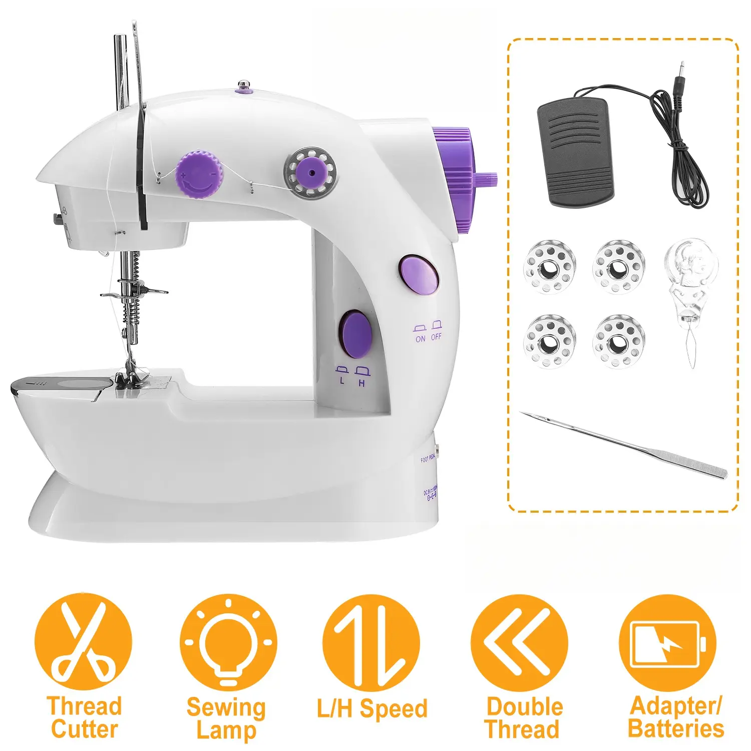 Portable Electric Sewing Machine, Mini 2-Speed Sewing Machine with Foot Pedal & LED Light, Overlock Sewing Machine for Beginners, Home & DIY Projects