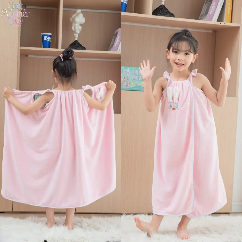Kids Coral Fleece Wearable Bath Wrap, Cute Bunny Embroidered Sleeveless Towel Dress, Ultra Absorbent Lint-Free Bathrobe for Girls, Perfect for Shower & Pool