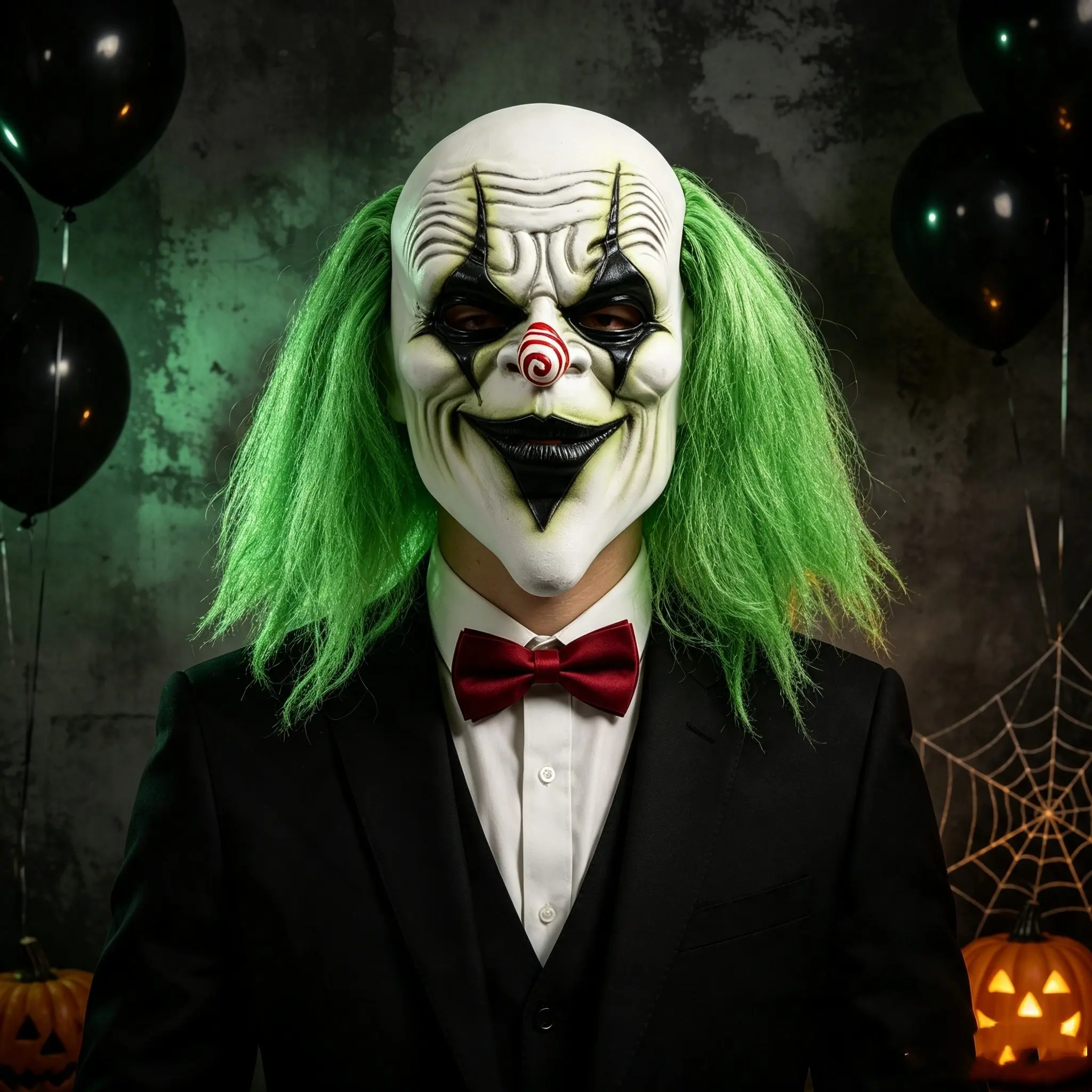 1PC Halloween Scary Clown Latex Mask with Green Hair and Red Spiral Nose, Full Head Mask for Holiday Party Cosplay Costume Prop