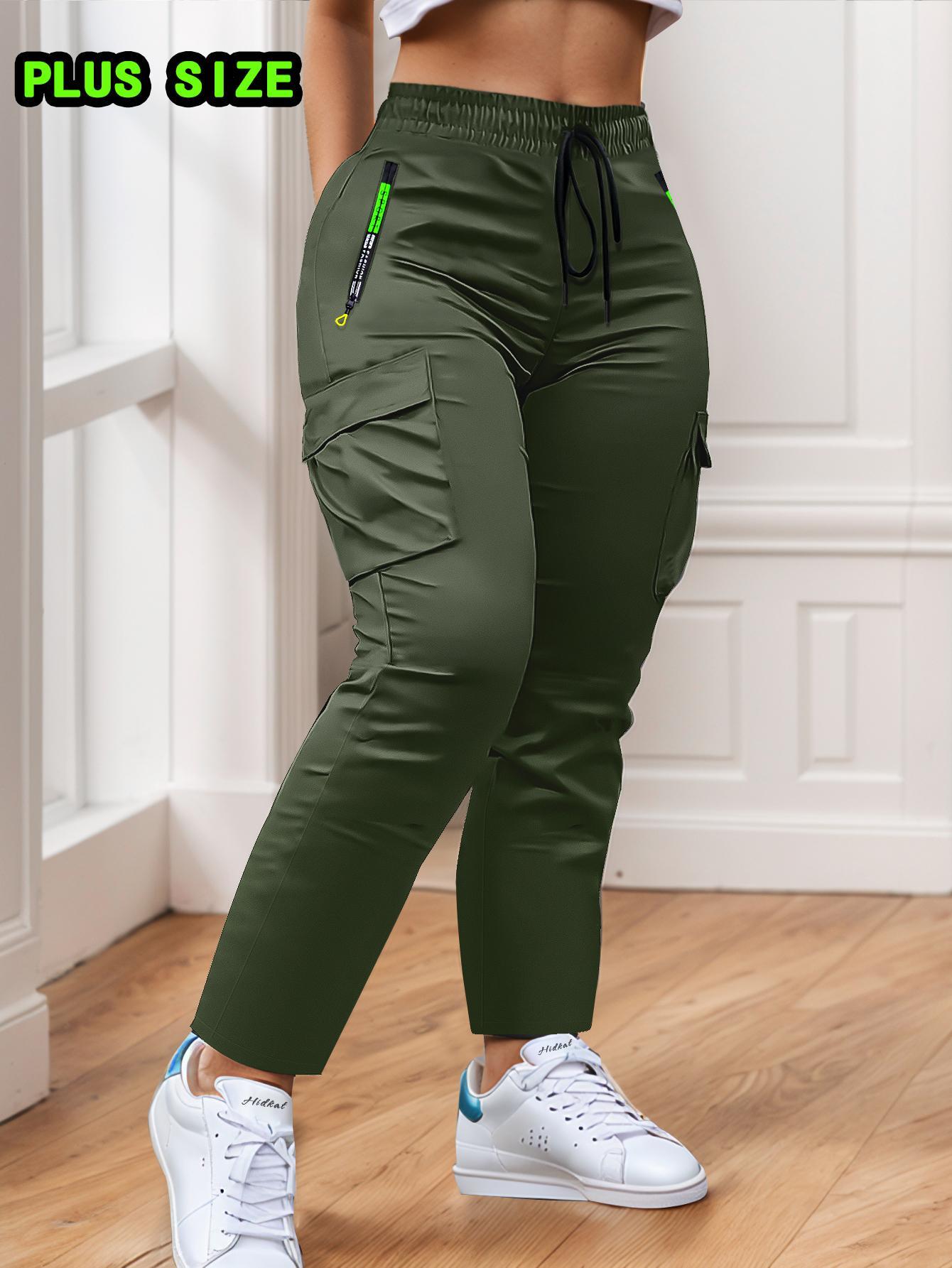 Plus Size Women's Casual Commuter Pants - Straight Fit for Daily Outdoor Activities | Breathable Fabric with Green Zipper Pockets and Dual Side Patch Pockets SpringStatements