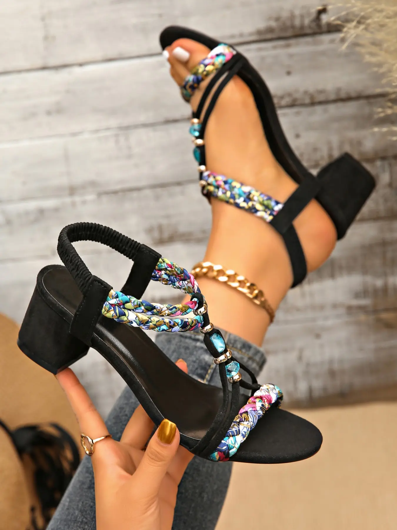 Boho Colorful Braided Heeled Sandals for Women, Gemstone Rhinestone Decor, Elastic Back Strap, Vacation Roman High Heels