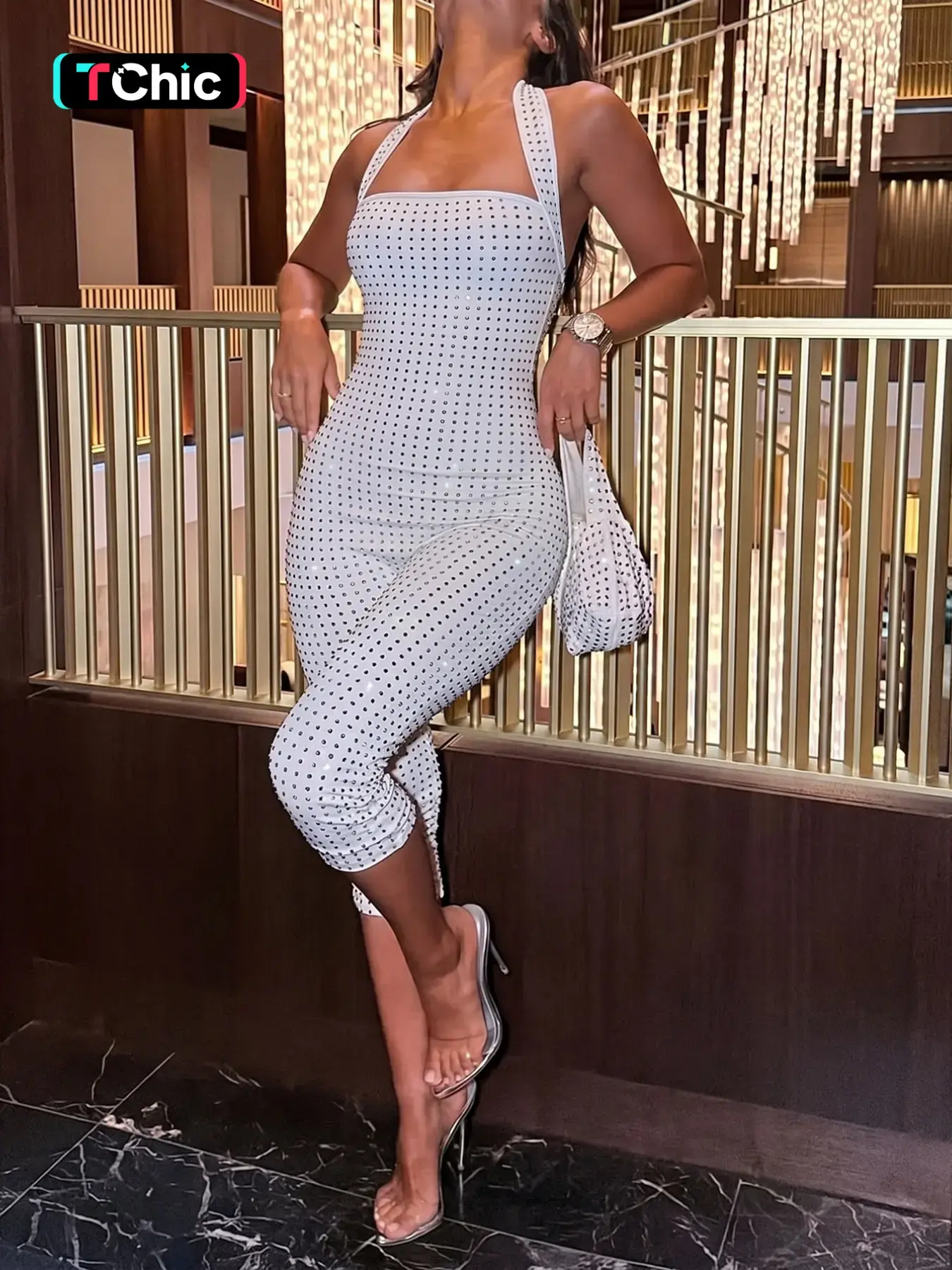 White Full Rhinestone Halter Jumpsuit Women Square Neck Backless Slim Fit Ankle Length Jumpsuit Shiny Sparkly Bodycon Sexy Clubwear Party Outfit Y2K Streetwear Summer Evening Going Out Elegant Chic Figure-Hugging Romper Fashion