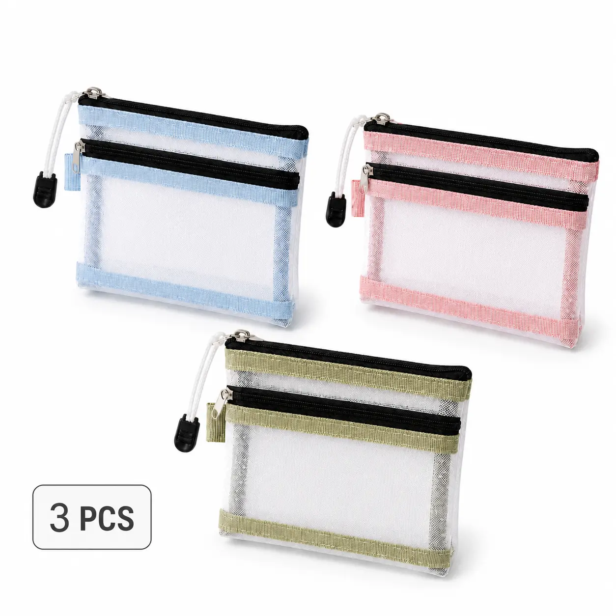 3-Pack Travel Document Organizer Pouches with Double Zippers, Small Mesh Passport Holders for Cards, IDs, Boarding Passes, Cash and Travel Essentials