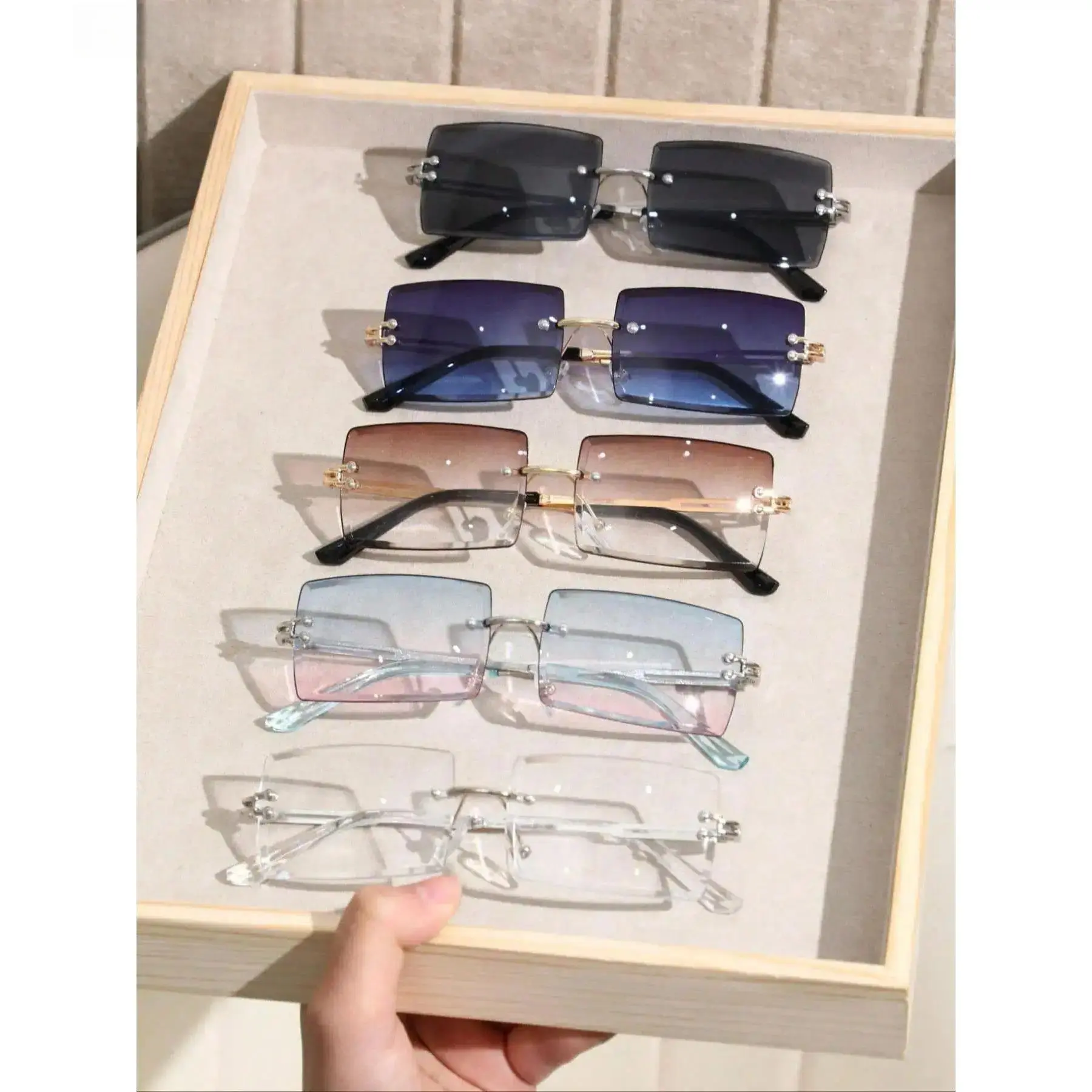 5pcs Unisex Rimless Rectangular Trendy Styling Sunglasses - Gradient Lens, UV400 Protection, Face Slimming, Minimalist Shades, Men's Sunglasses, Y2K Aesthetic, 90s Nostalgia Daily Streetwear Stylish Accessories with Free Random Eyeglass Cloth