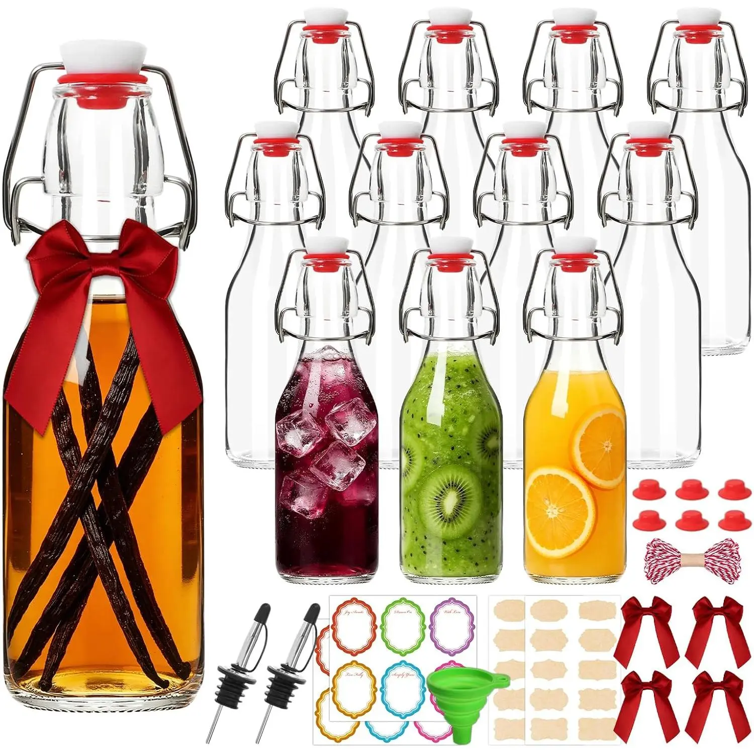 12 Pack 8oz Swing Top Glass Bottles – Flip Top Bottles with Stoppers for Vanilla Extract, Kombucha, Kefir, Home Brewing, Fermentation & Gifting, Includes 6 Extra Seals & 2 Pourers