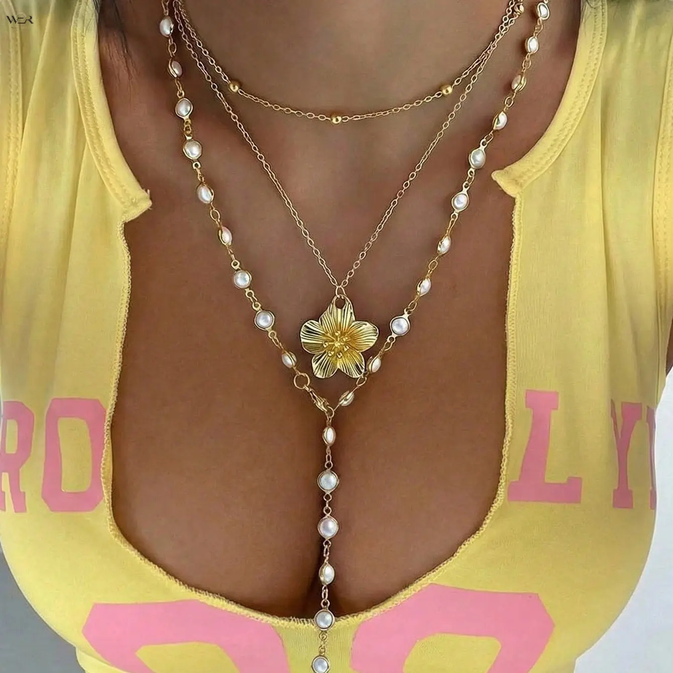 Women's Delicate Sparkly Gold-Silver Tone Pearl Flower Pendant Multi-Layered Chain Necklace, Alloy, 80cm/38cm, 19g Lightweight, Boho Elegant Versatile, Necklaces for Women, Party/Gifts Fashion Jewelry Accessory