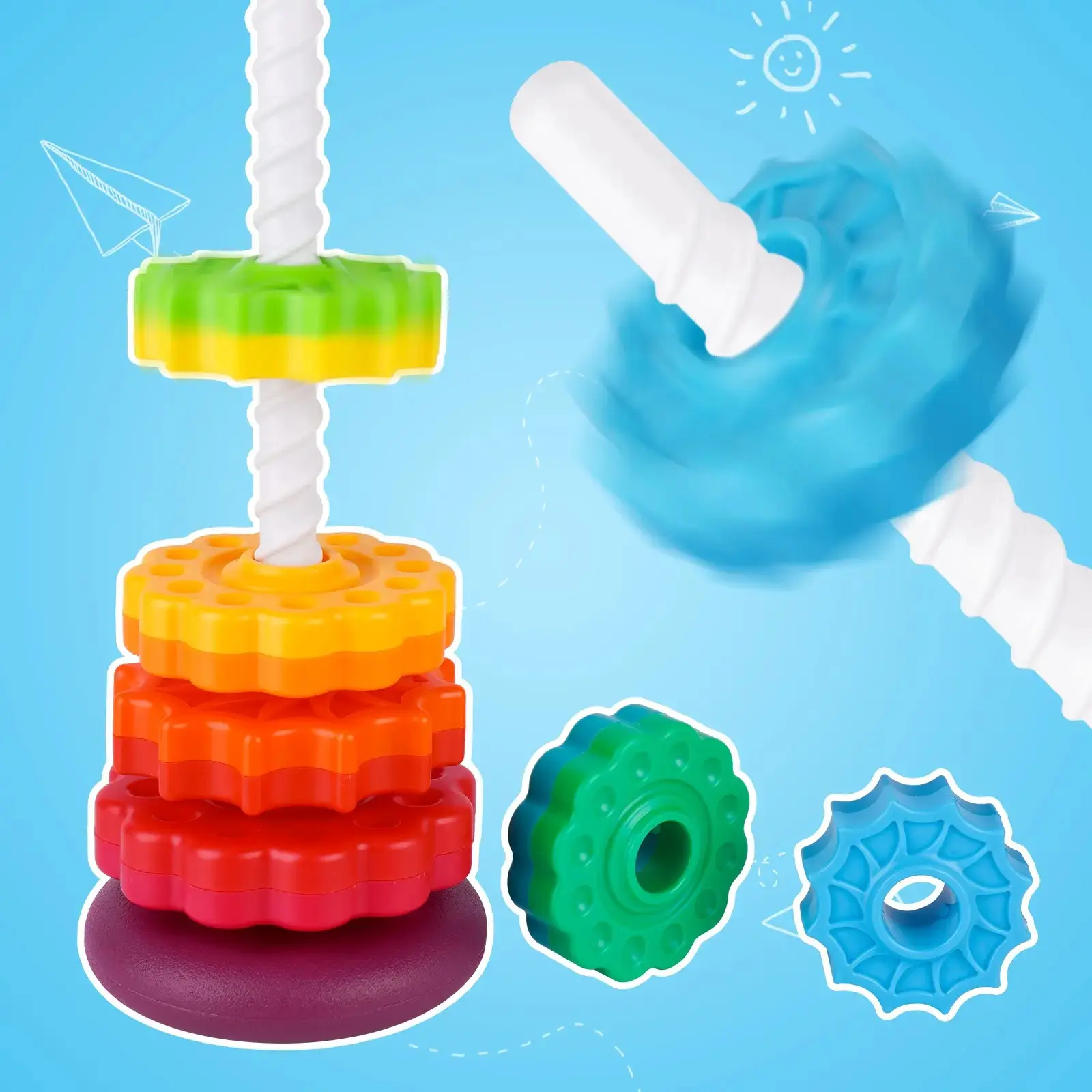 Spinning Stacking Toy for Kids, Rainbow Tower Dual-Color Spinning Wheels Premium Plastic Early Education Fun Learning Toys tower hanoi