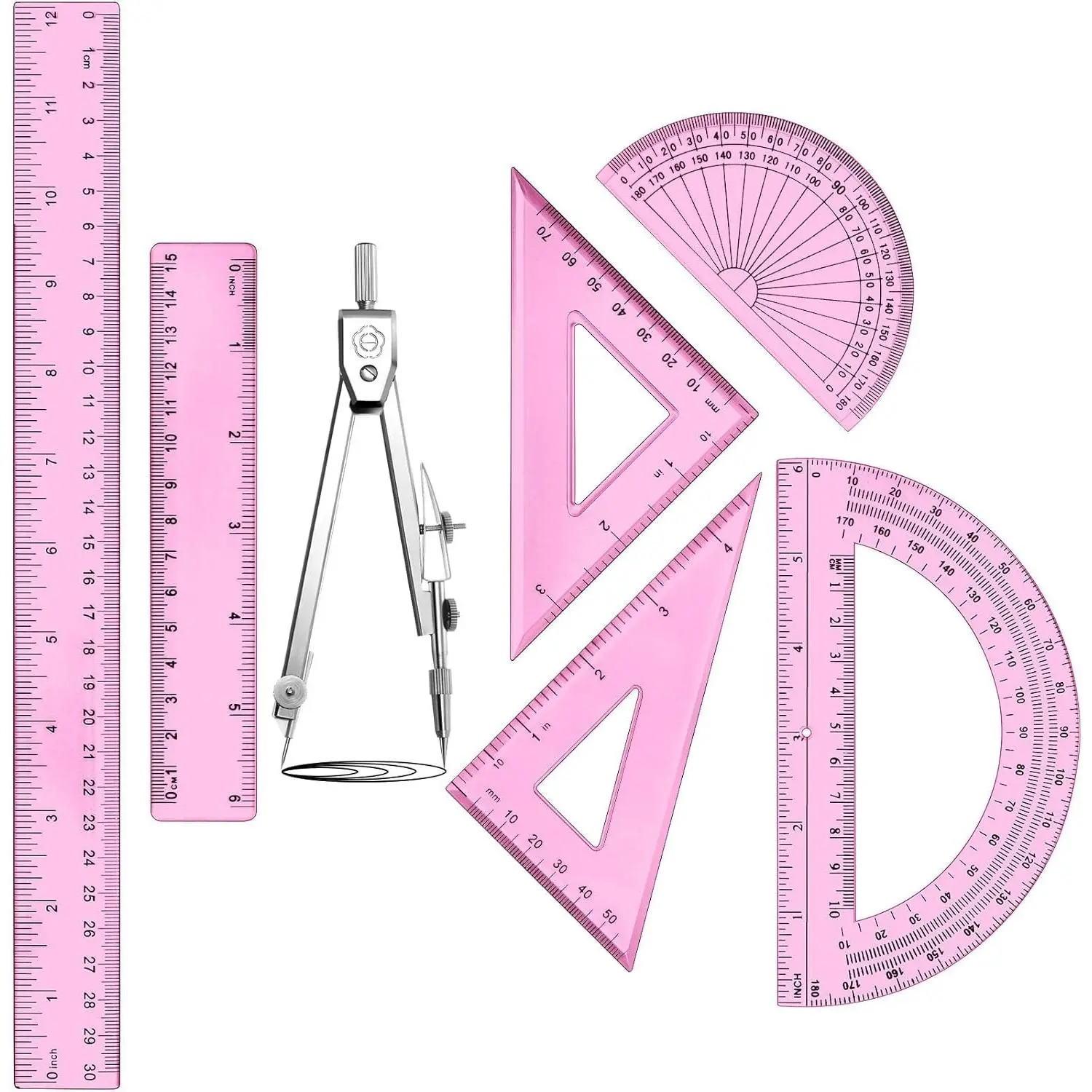 7‑Piece Geometry Set with Drawing Compass, 6 & 4 Inch Protractors, Triangle Rulers and Straight Rulers, Transparent Math Drafting Supplies for Back to School, Students and Office Use(Pink)