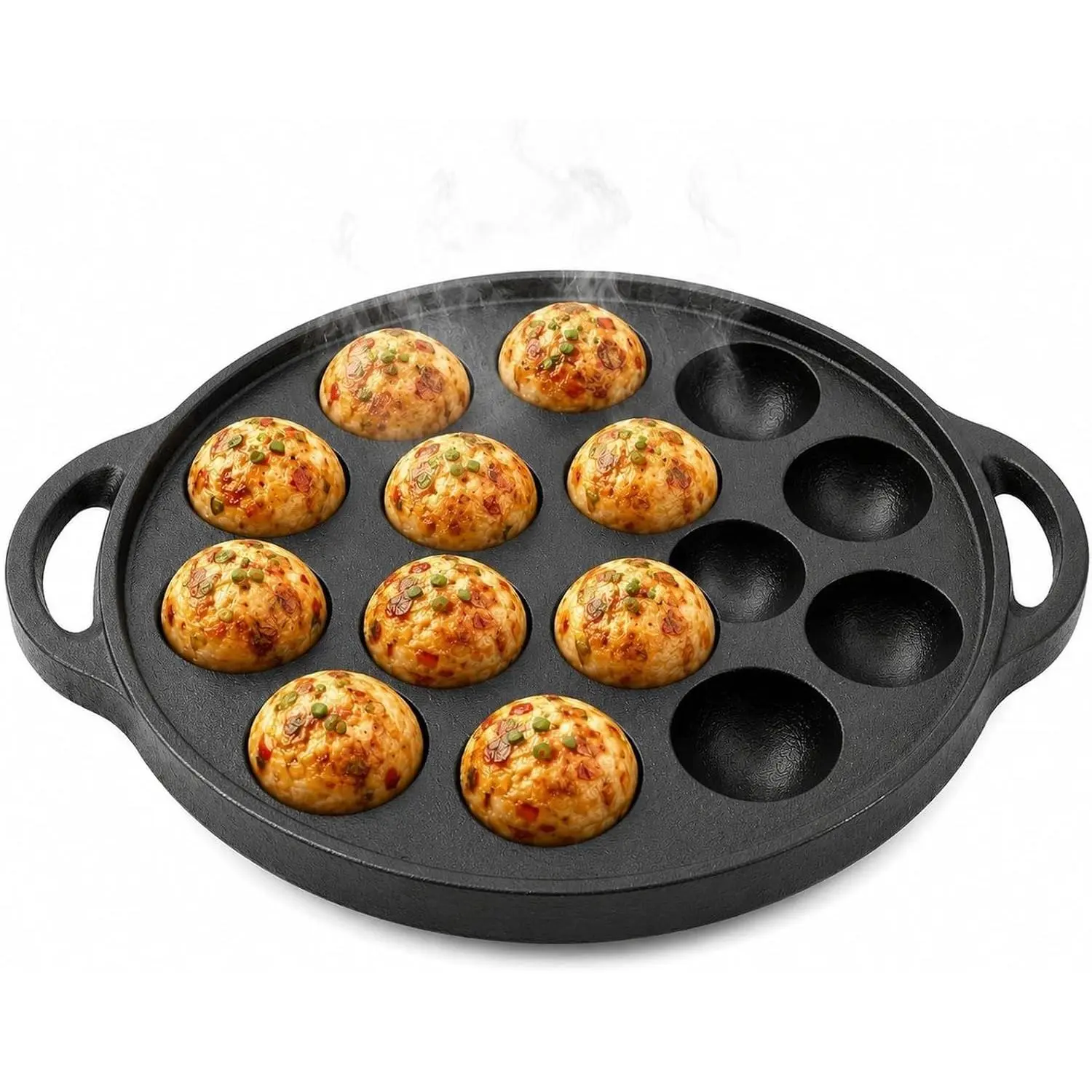 Cabilock 15-Hole Small Cast Iron Pancake Pan, Non-Stick Round Takoyaki Maker, Black Baking Mold for Poffertjes, Corn Muffins, Biscuits & Snail Snacks