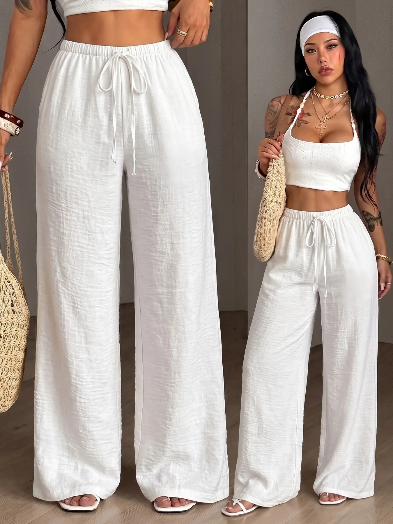 White Crinkle Texture Drawstring Elastic High Waist Wide Leg, Bohemian Wide Leg Pants, Women Linen Look Loose Flow Floor Length Trousers Boho Coastal Beach Vacation Resort Daily Casual Breathable Summer Long Bottoms