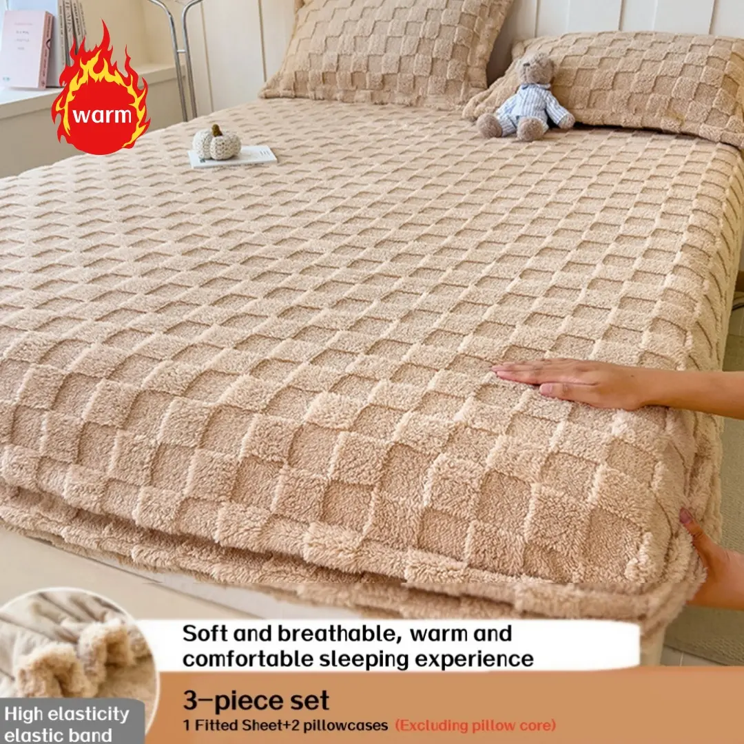 3pcs Tafu velvet bed sheet set, 1 fitted sheet+2 pillowcases (excluding core), thick and warm velvet bedding, fluffy and soft checkered jacquard mattress protective cover, suitable for bedroom and guest bedroom, home decoration
